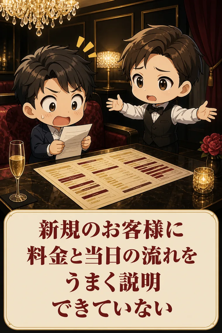 新規のお客様に、料金体系と当日の流れをうまく説明できていない