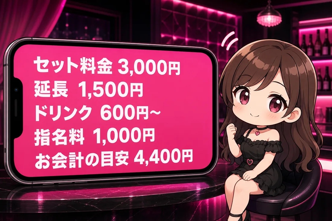 ガールズバーのホームページに載せる料金表の見本。セット料金・延長・ドリンク・指名料まで全部書いた状態