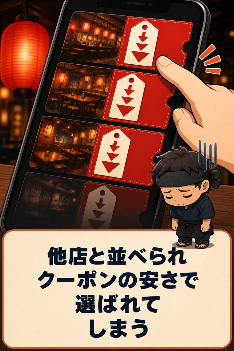 サイト内で他店と並べられ、クーポンの安さで選ばれてしまう