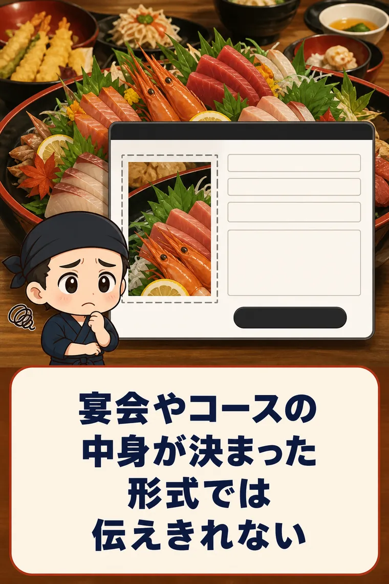 宴会・コースの内容が、決まったフォーマットでは伝えきれない