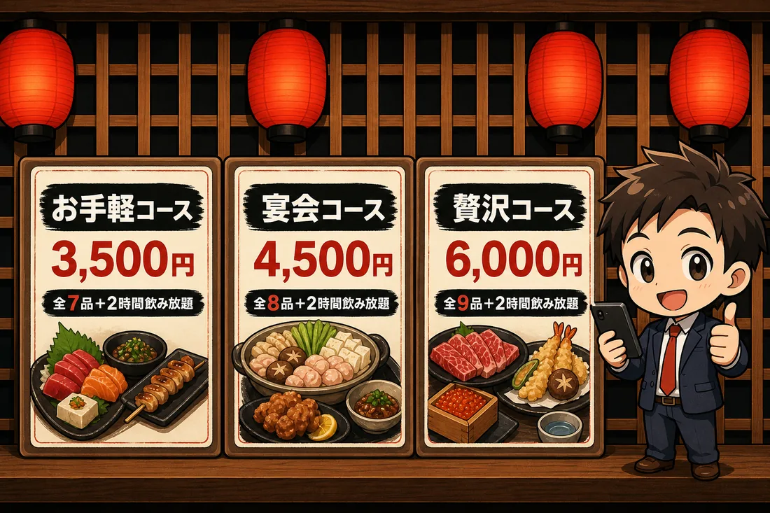 居酒屋の宴会コース表の見本。人数・金額・飲み放題が一目で分かる形