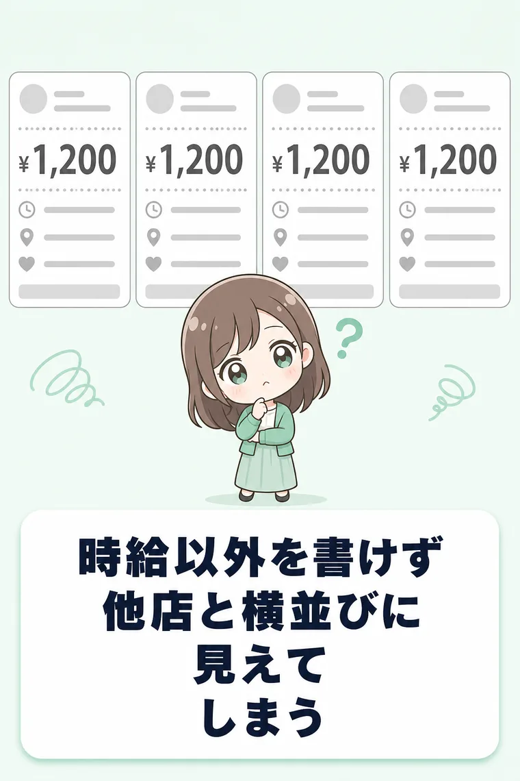 「時給以外の条件」が書けないフォーマットなので、他店と横並びに見える