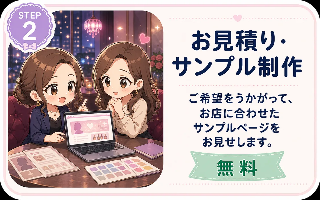 STEP2 お見積り・サンプル制作。ご希望をうかがって、お店に合わせたサンプルページをお見せします。無料