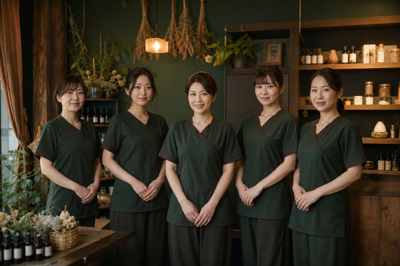 精油をブレンドしベッドを整えるスタッフ