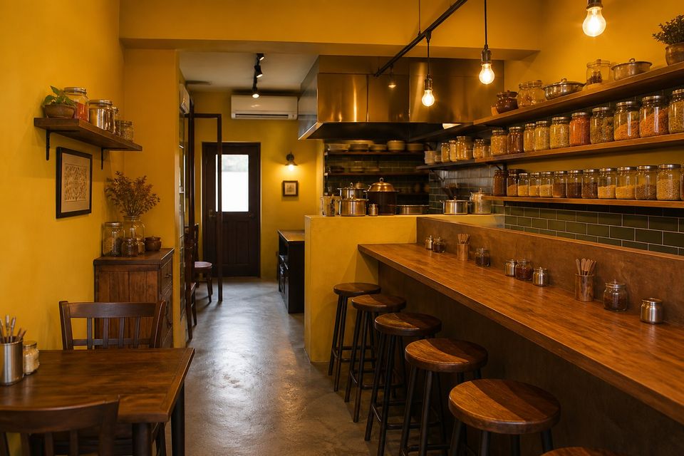 Lotus Market Kitchen店内、スパイスの棚と温かい照明