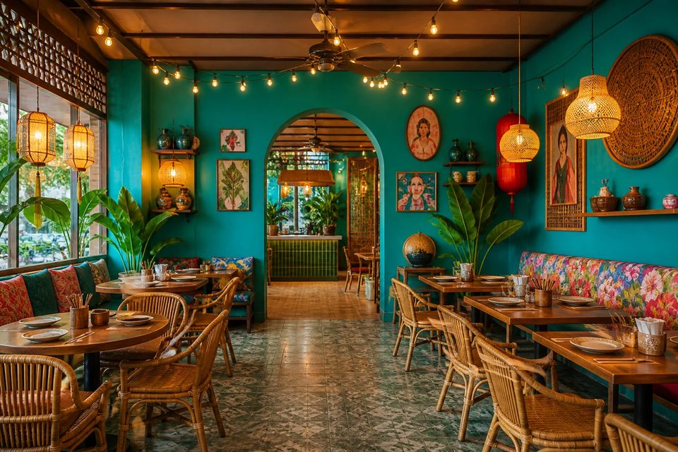 Lotus Market Kitchen店内、電飾ライトと提灯が灯るターコイズの空間