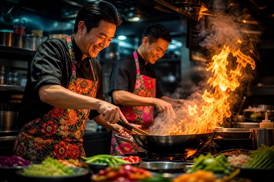 Lotus Market Kitchenの厨房、炎を上げて中華鍋を振る調理シーン