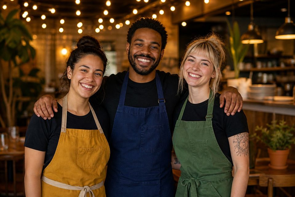 Lotus Market Kitchenのスタッフ、電飾ライトの下で集合写真