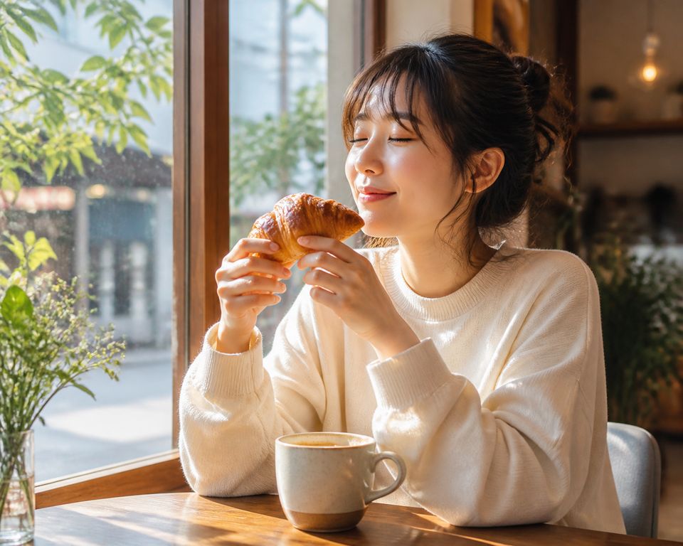 窓辺でクロワッサンを食べる朝の客