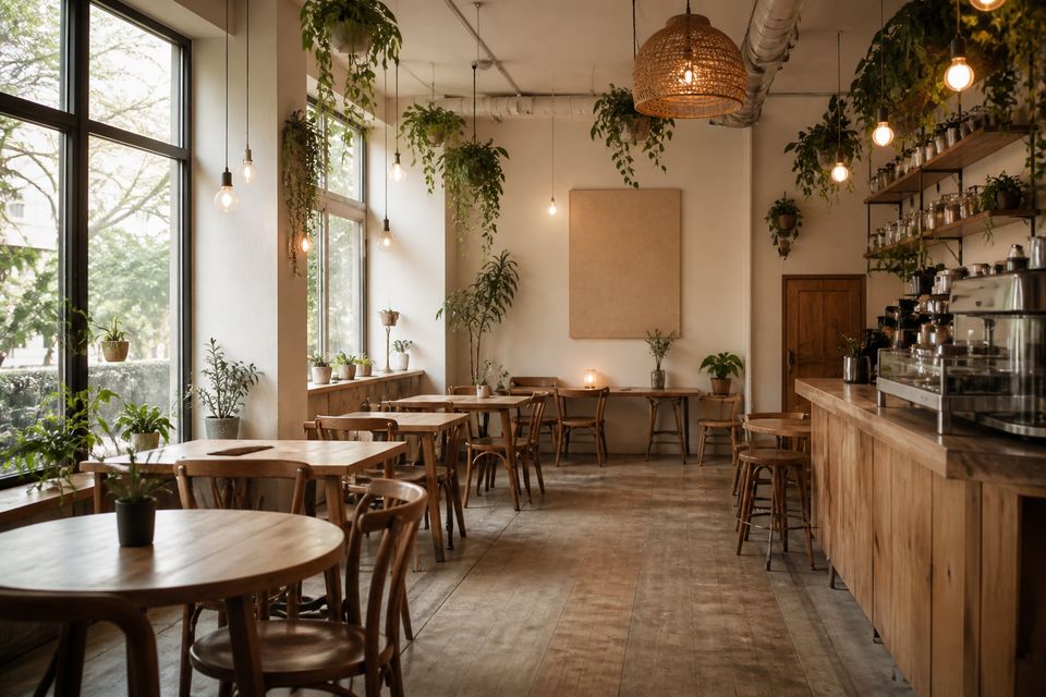 日和カフェの店内、植物に囲まれた空間