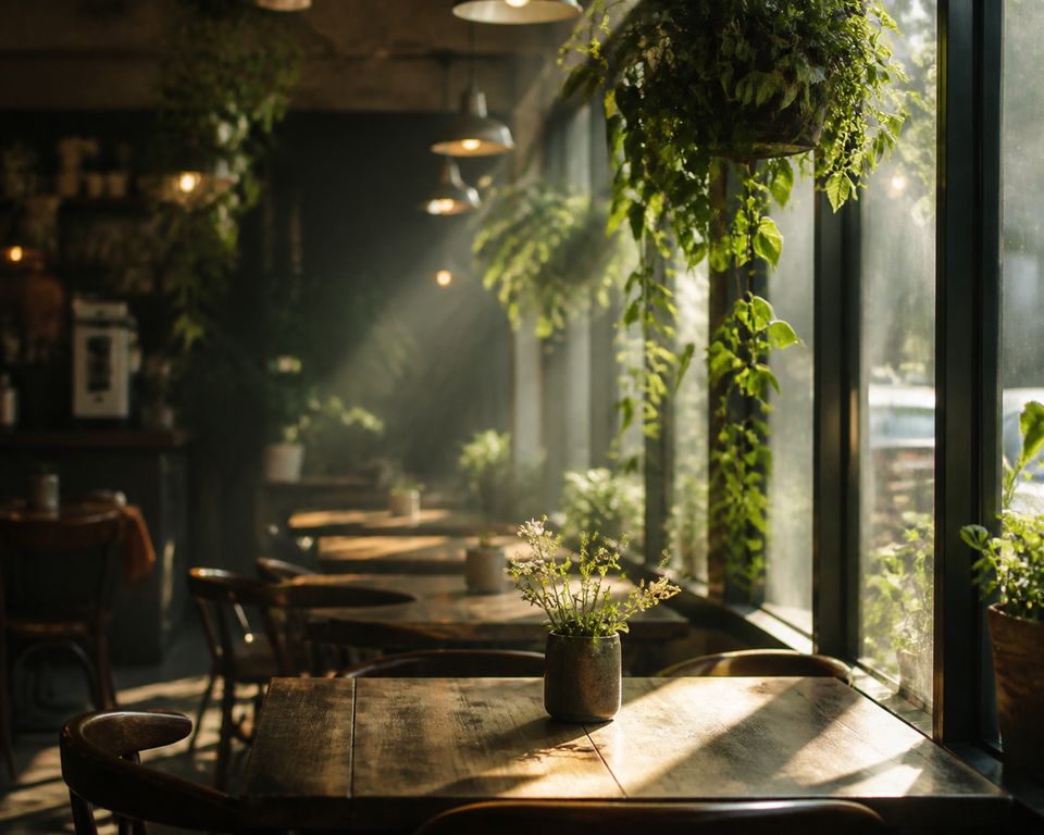 日和カフェ、窓辺に光が差し込む店内
