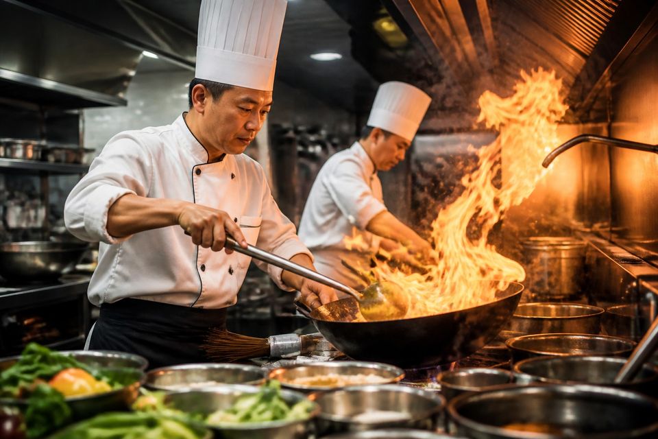 中華 金龍の厨房、炎を上げて中華鍋を振る料理人