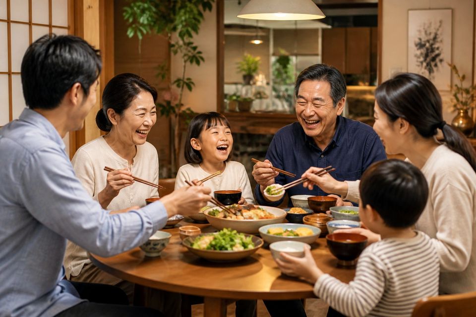 金龍の円卓で笑いながら食事をする家族連れの客