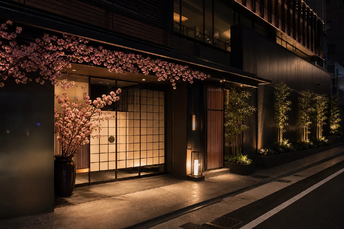 桜の枝が飾られた和モダンな店舗の入口、障子越しの灯り