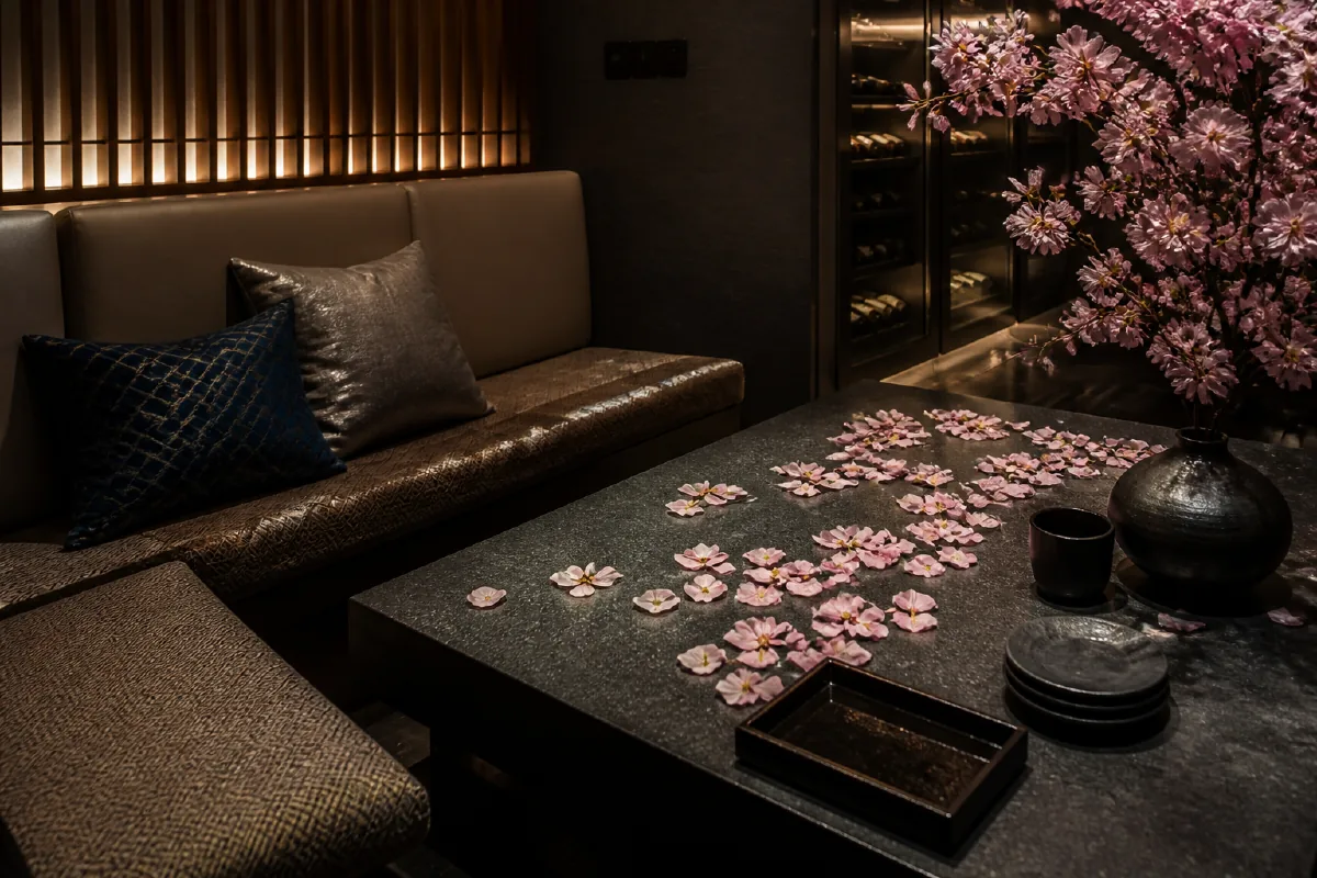 桜の花びらが飾られたVIPボックス席の卓上、和モダンな室内照明