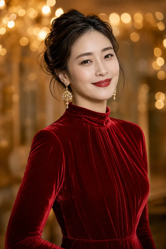 赤いベルベットのドレスを着た女性の上半身ポートレート