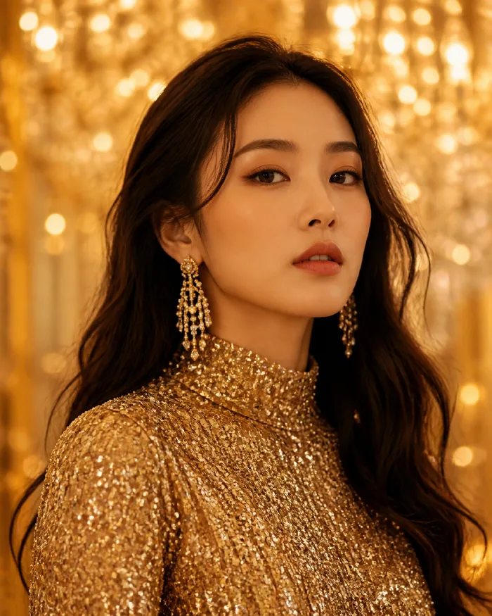 金の煌めくドレスを着た女性の上半身ポートレート