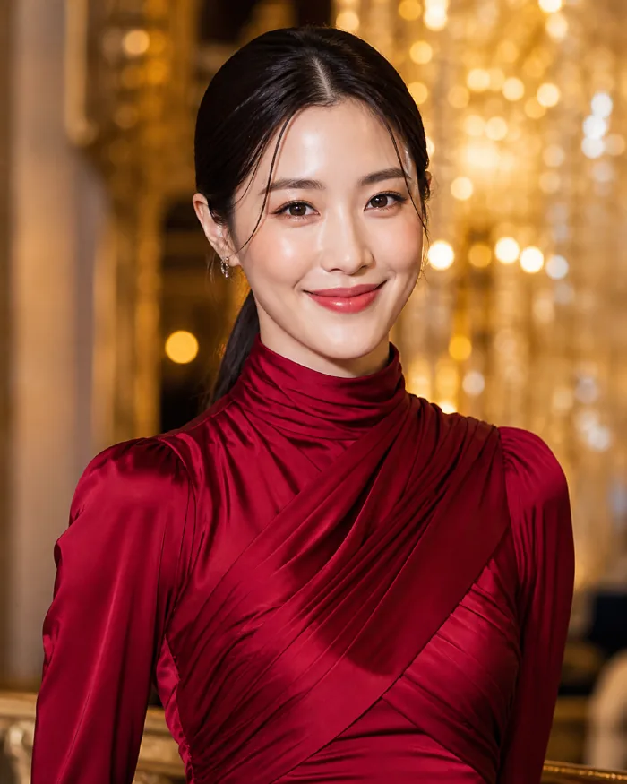 赤いドレスを着た女性の上半身ポートレート、笑顔