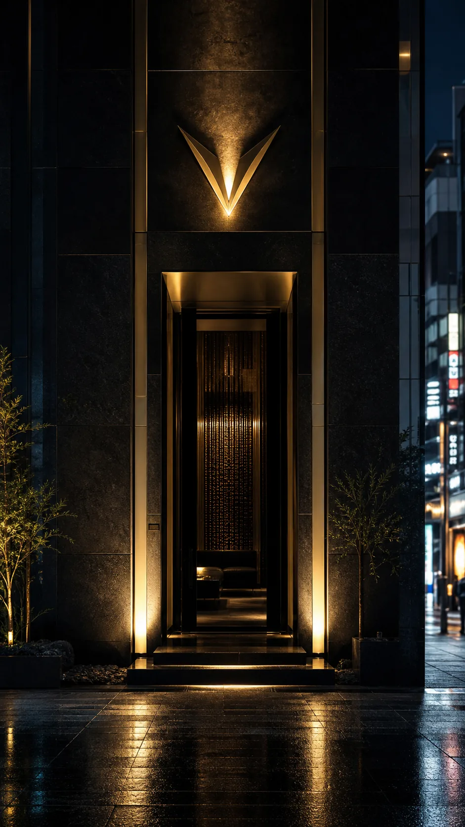 金色のVマークが輝く架空店舗の入口