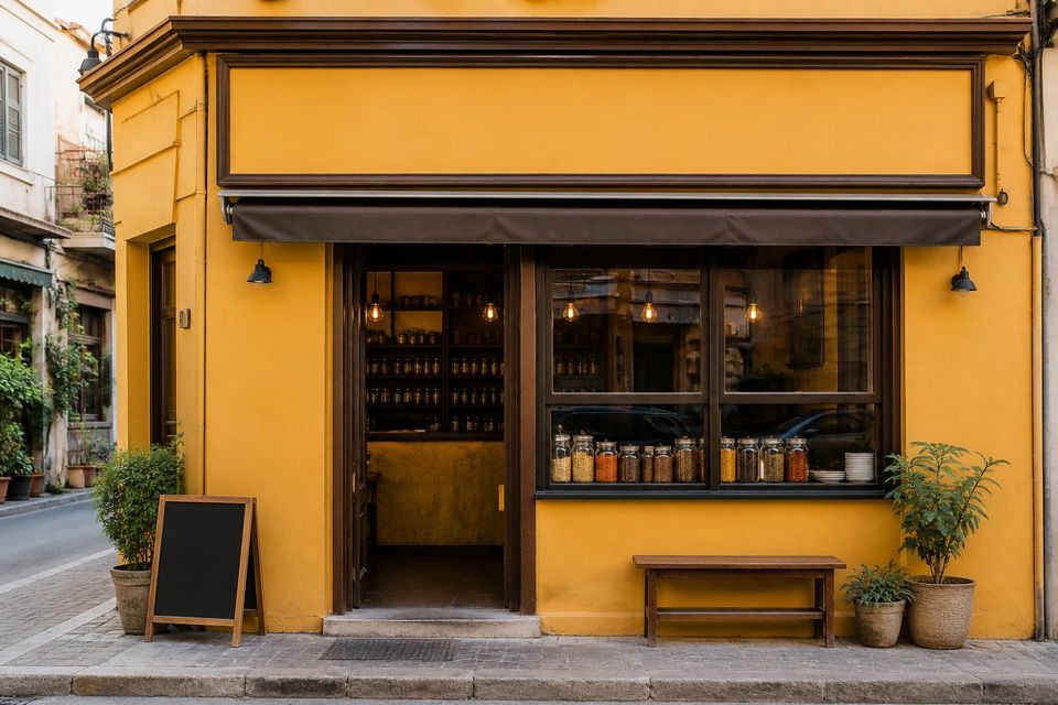SPICE ROADの外観、スパイス瓶が並ぶ黄土色のファサード