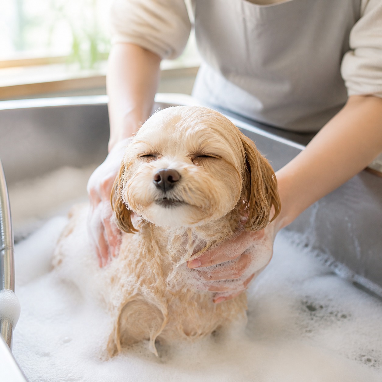 小型犬をシャンプーしているところ