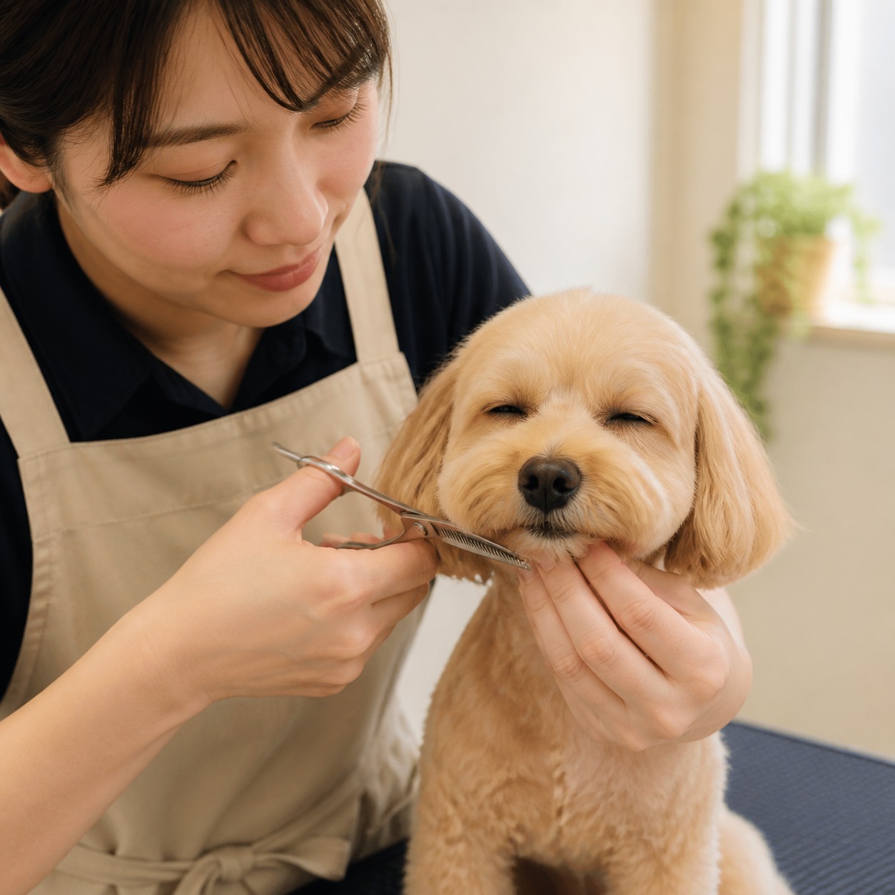 小型犬の顔まわりをカットしているところ