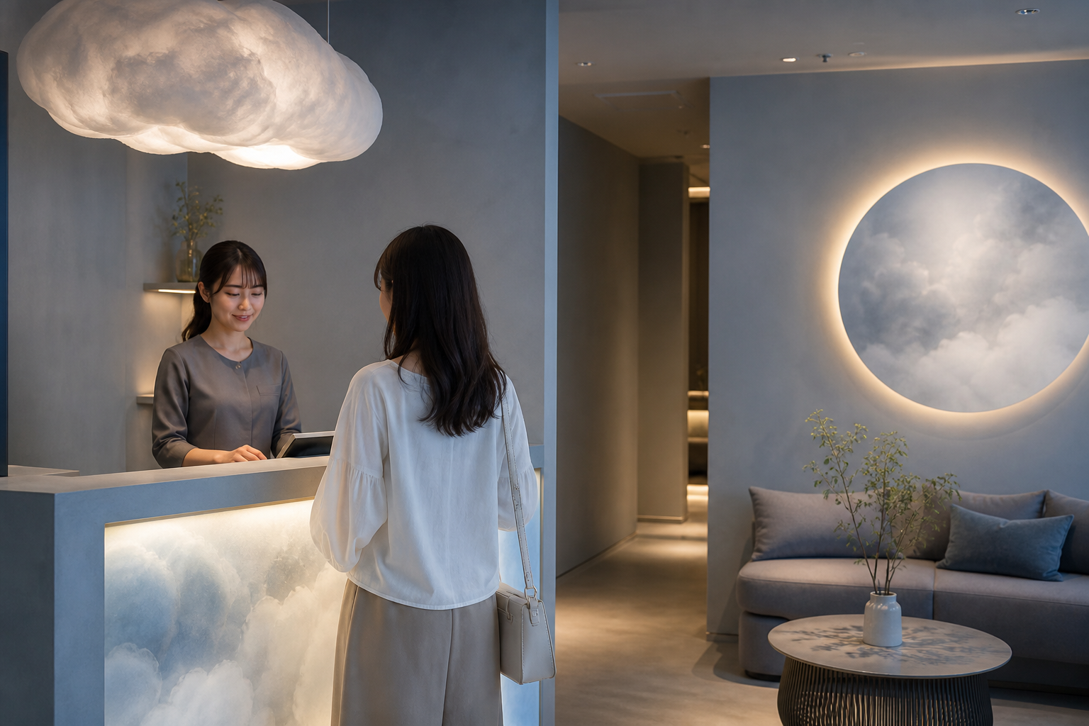 雲のような天井装飾のある店内