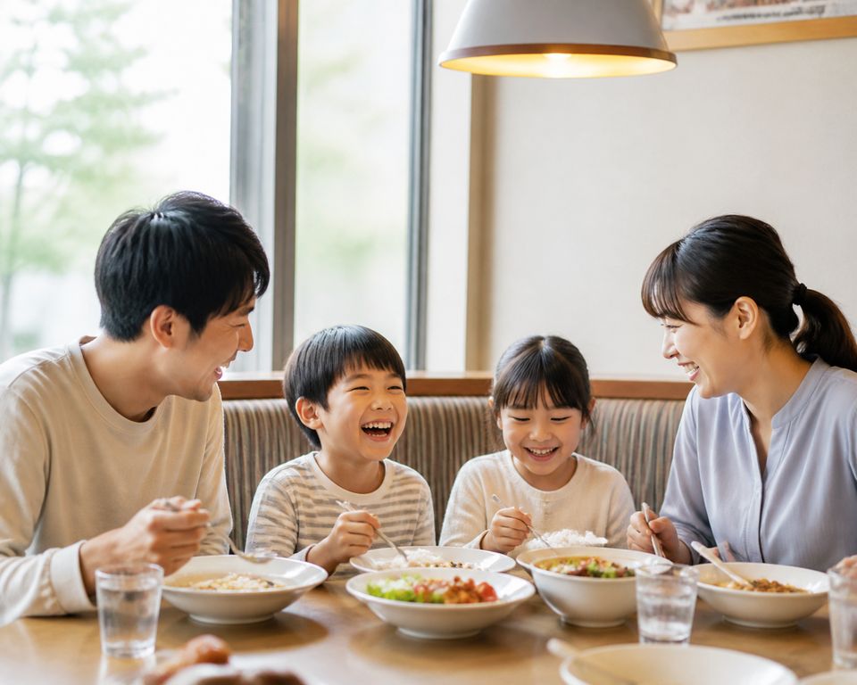 窓辺の明るい席で食事する家族