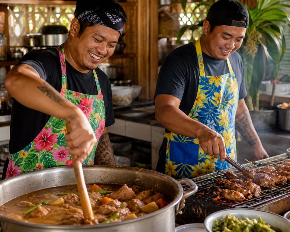 Bahay Kubo Kitchenの厨房で笑顔で仕込みをするコック2人