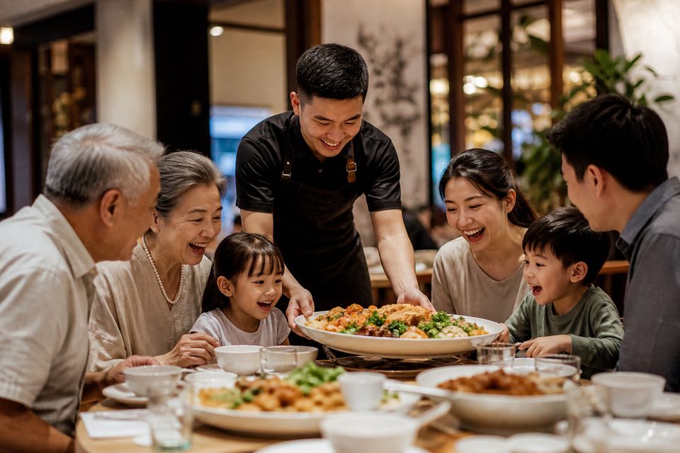 Bahay Kubo Kitchenのスタッフが家族連れのお客様に料理を運ぶ様子
