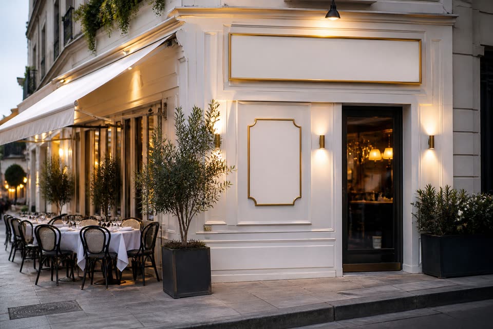 Restaurant Blanc Perle 外観、テラス席と灯り