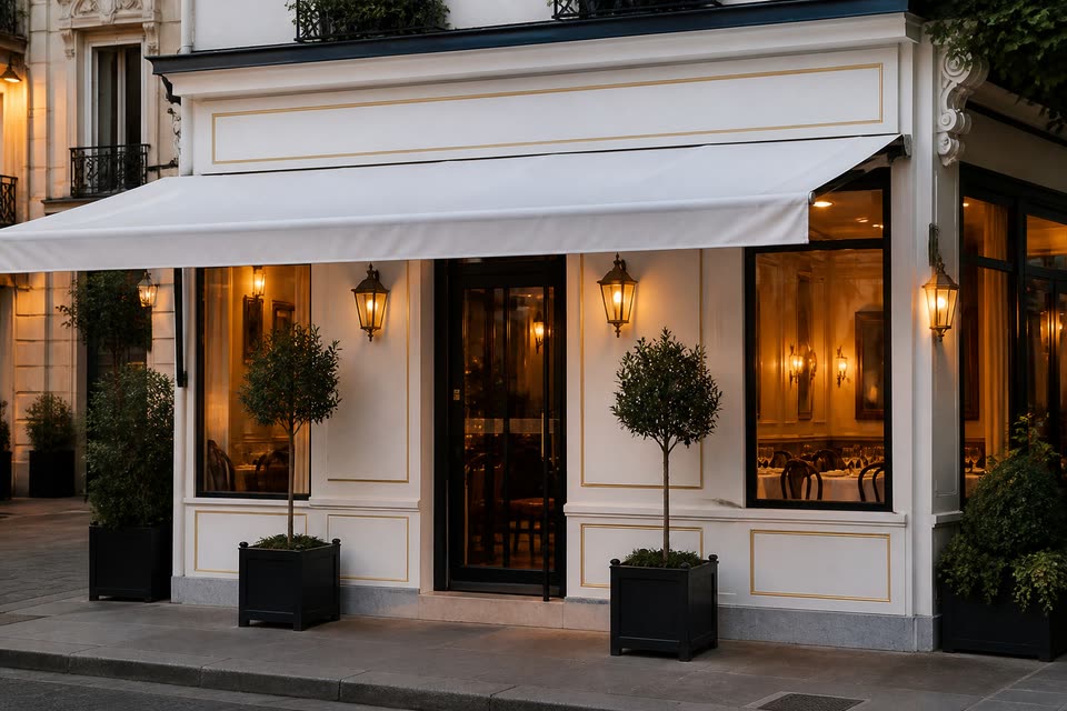夕暮れのRestaurant Blanc Perle、街灯りとテラス