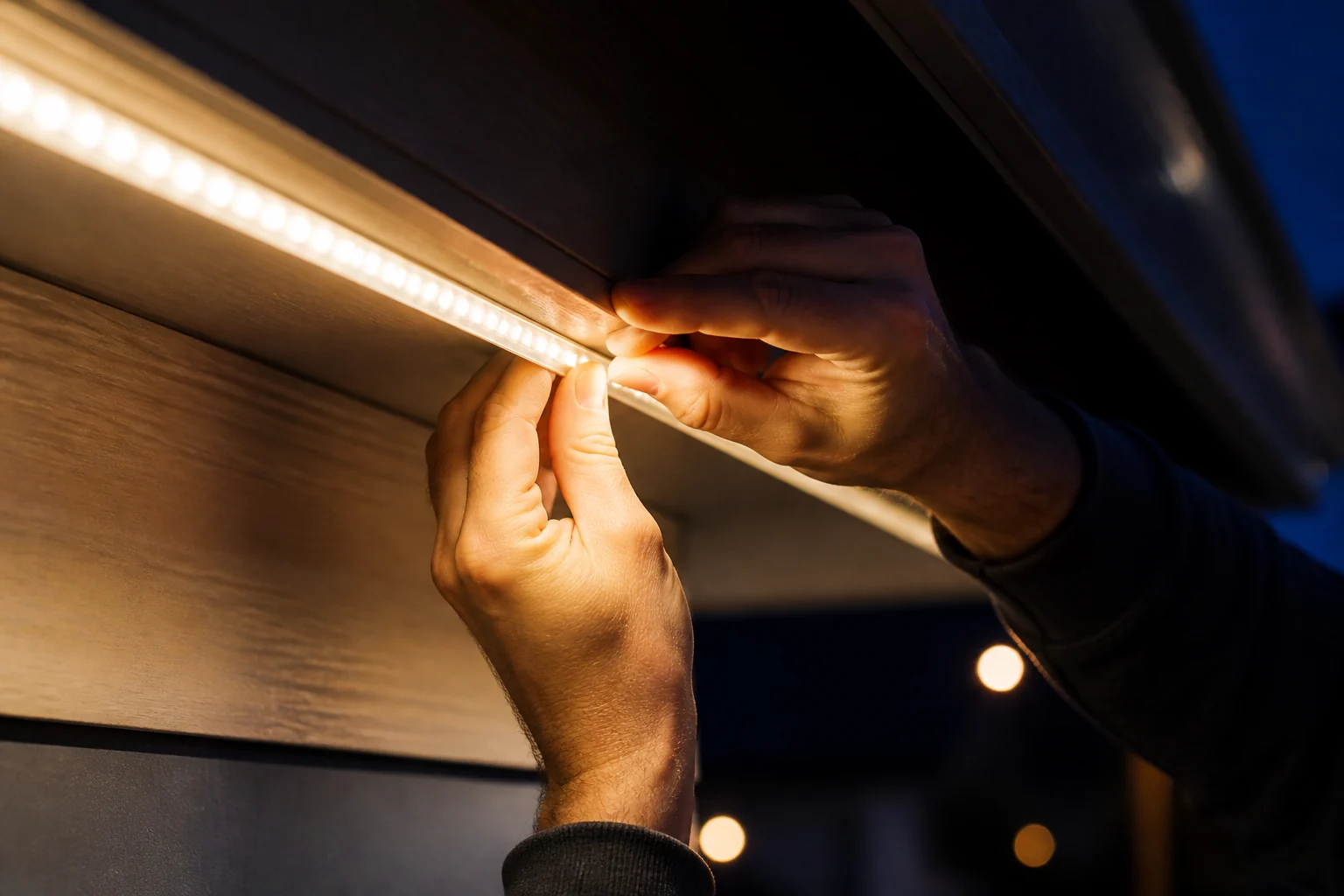 LEDテープライトの取り付け作業クローズアップ