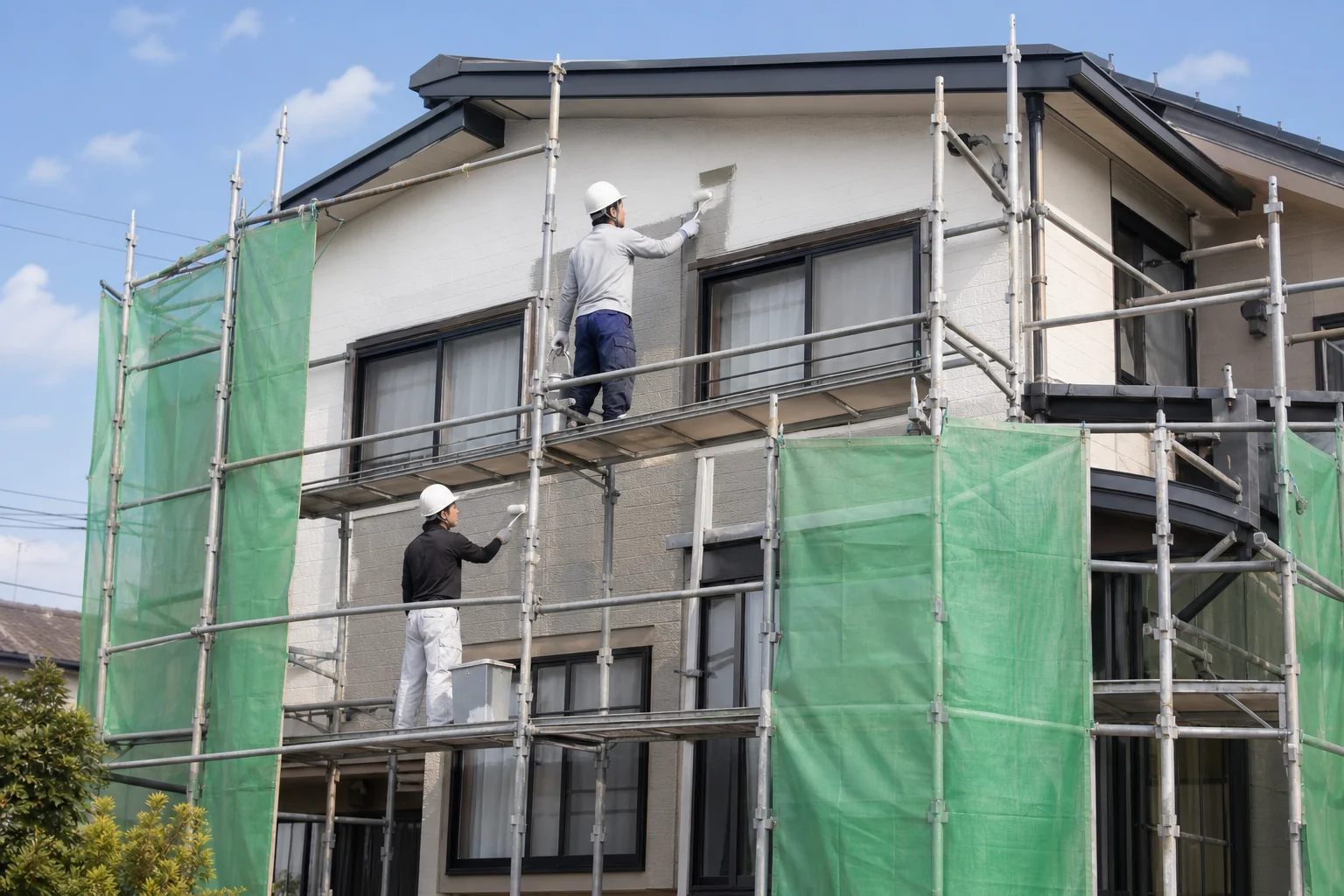 外壁塗装いろは工房、施工中の一軒家と職人2名