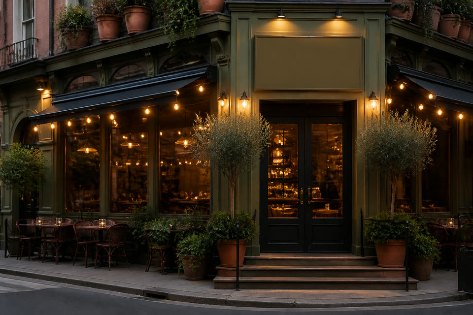 Trattoria Verde Luna 外観、灯りとテラス席