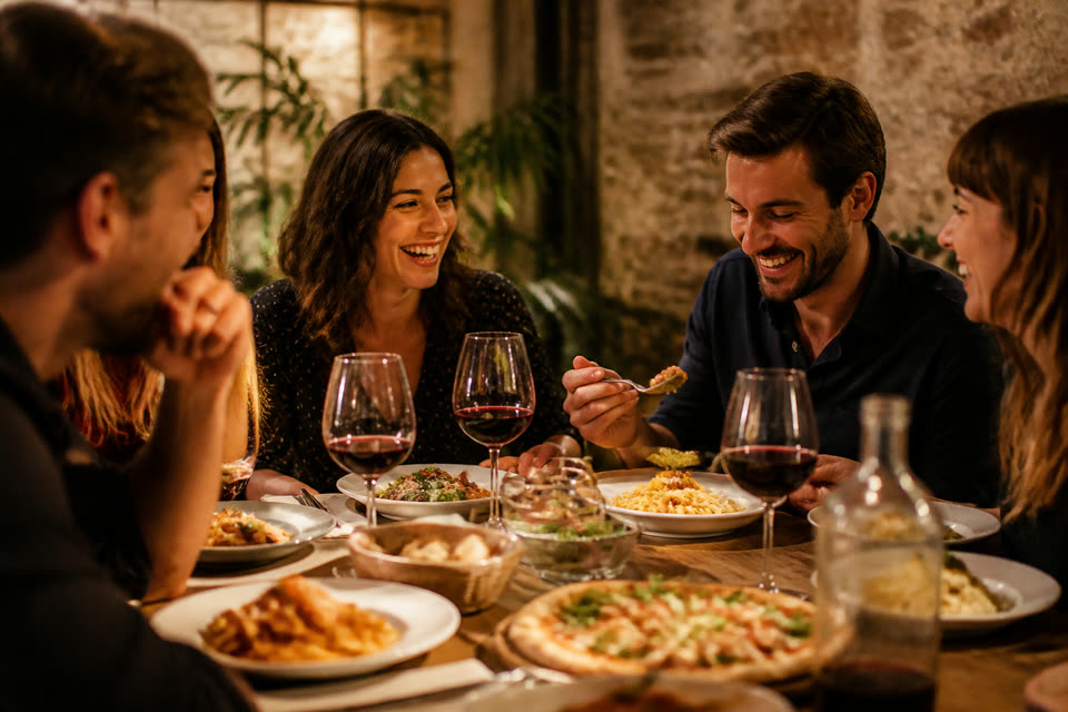 友人グループで食事を楽しむ様子