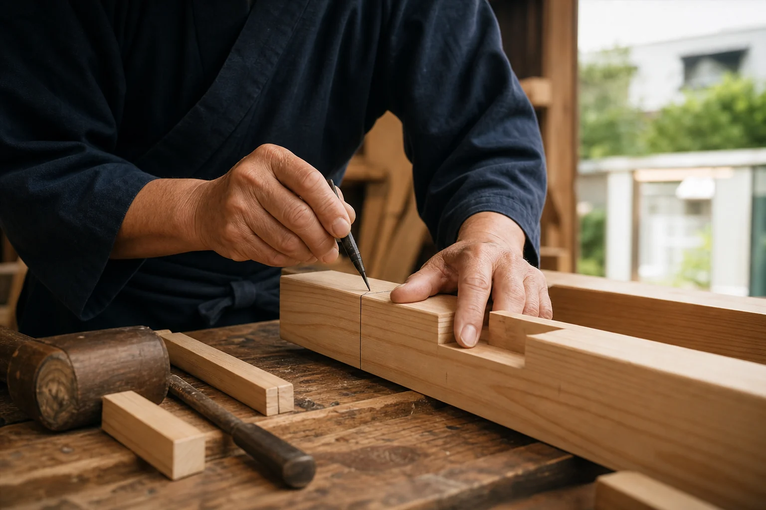 墨付け作業を行う職人の手元