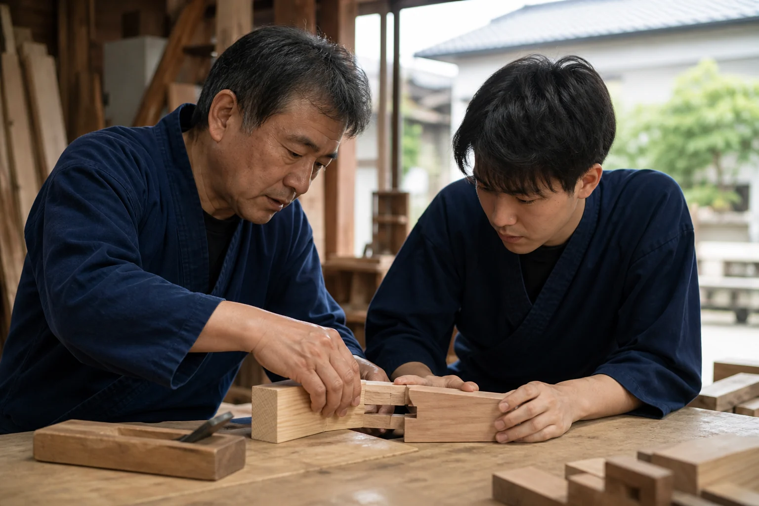 棟梁と弟子、二名の職人が作業する様子
