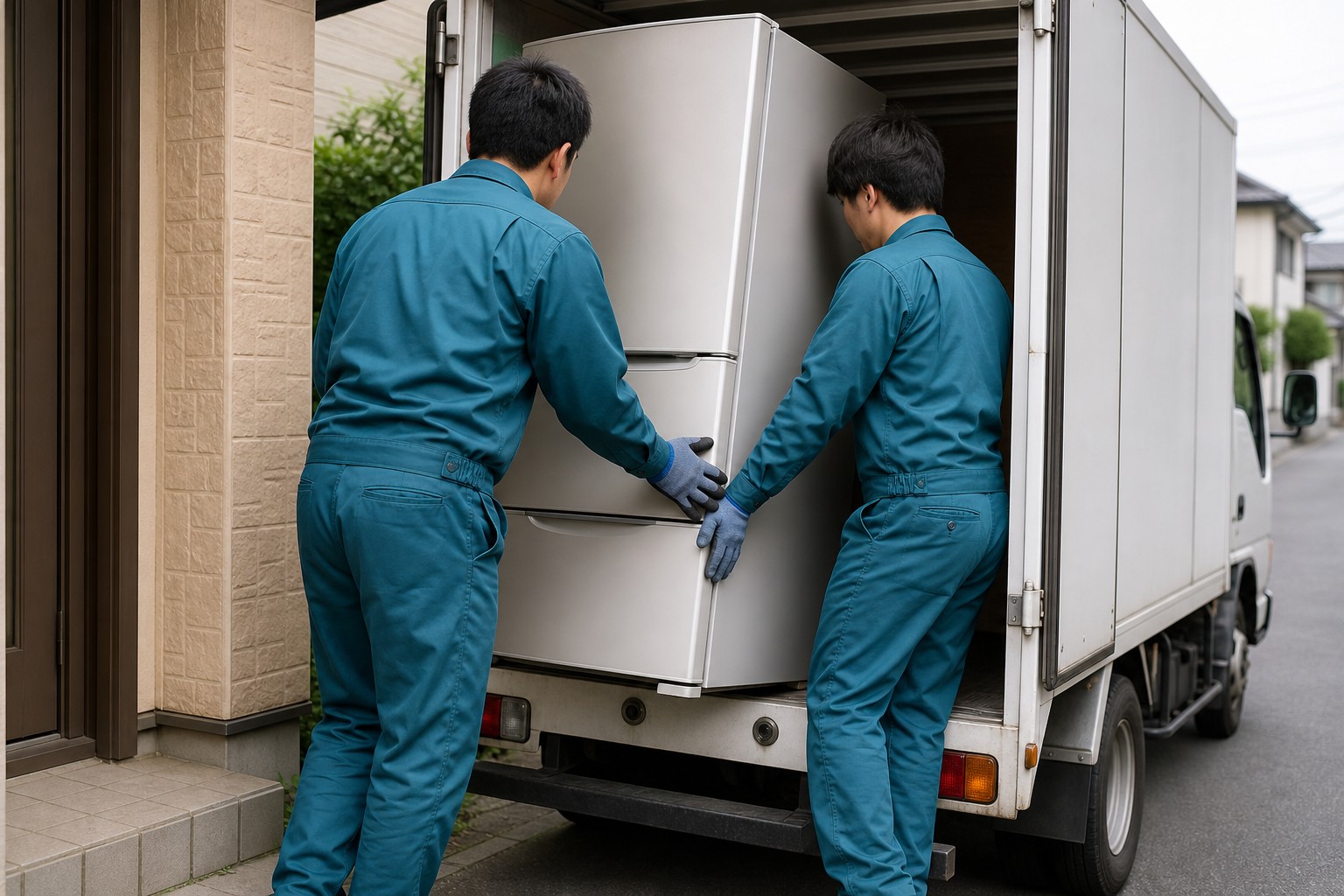 スタッフが冷蔵庫を回収車へ運ぶ様子