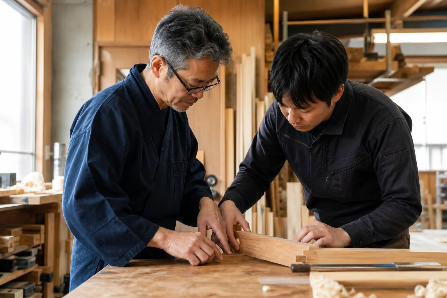 工房で作業する職人2名