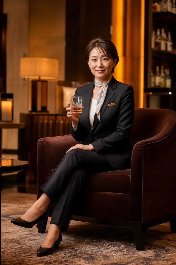落ち着いたドレスを着たキャストの全身、店内のウイスキー棚を背景に