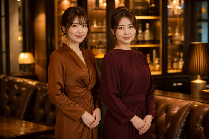ブラウンとワインレッドのドレスを着た2名のキャストが並んで立つ様子、背景はウイスキー棚