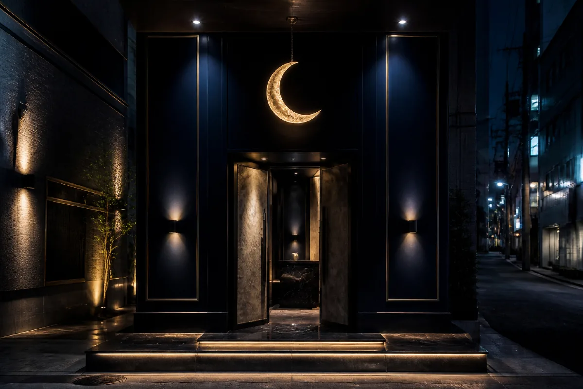 藍色に沈む蒼月の入口、金の縁取りと三日月の灯り