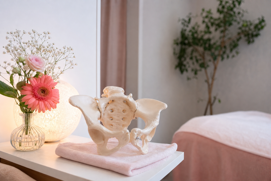 骨盤模型と花を飾った店内のあたたかいディテール