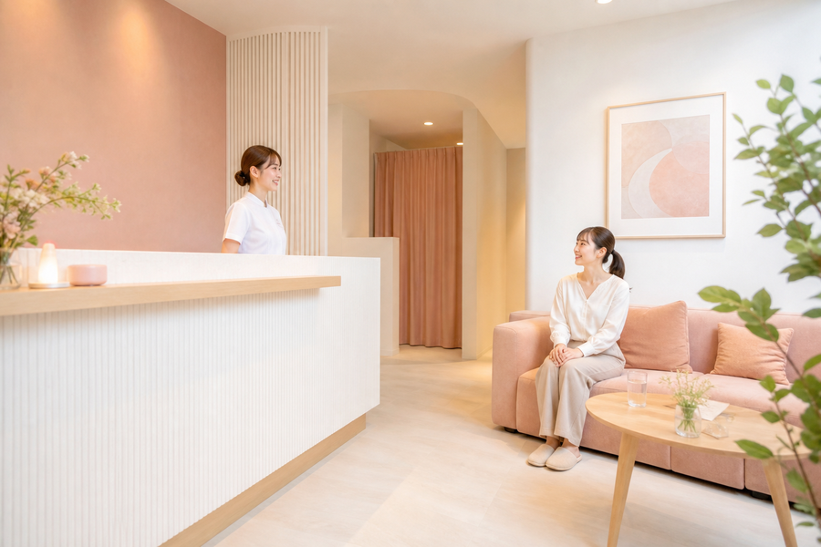 骨盤ケアMEGURIでの施術後、ラウンジでくつろぐお客様