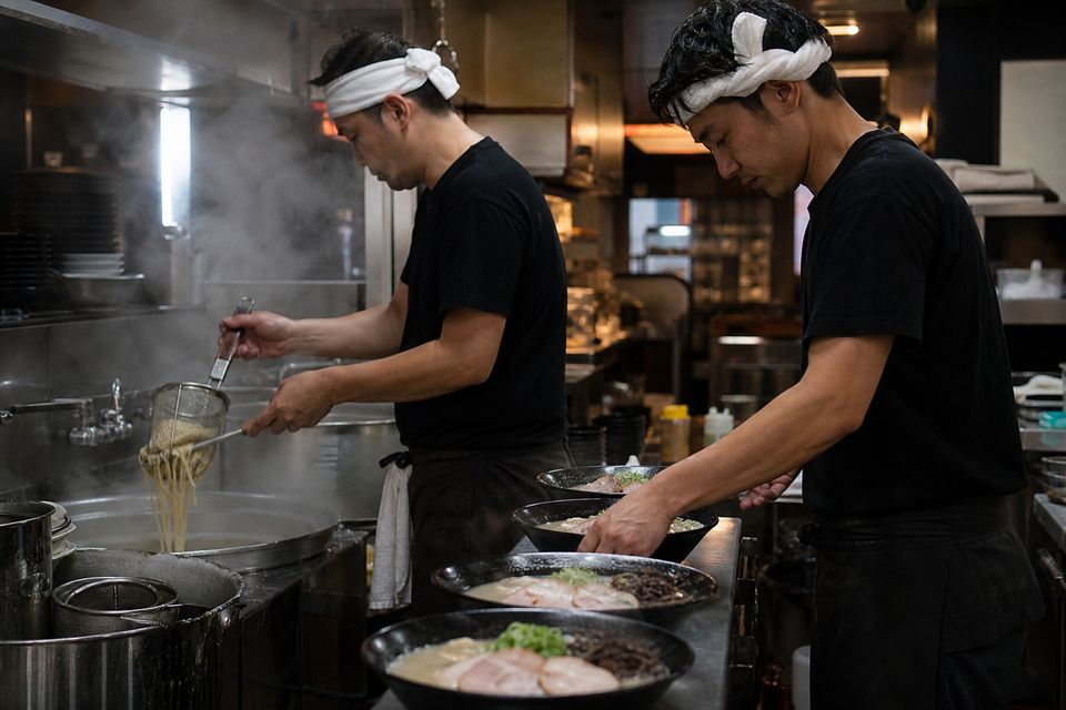 麺屋 灯の厨房、麺を茹でる様子