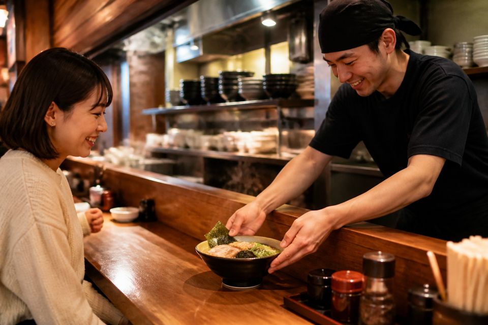 スタッフが客にラーメンを提供するシーン