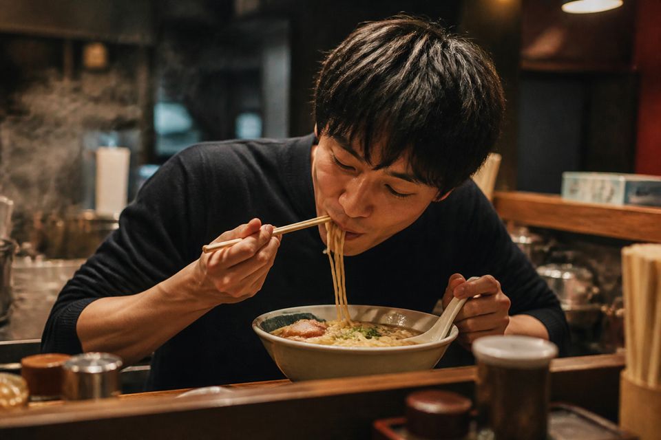 ラーメンをすする客