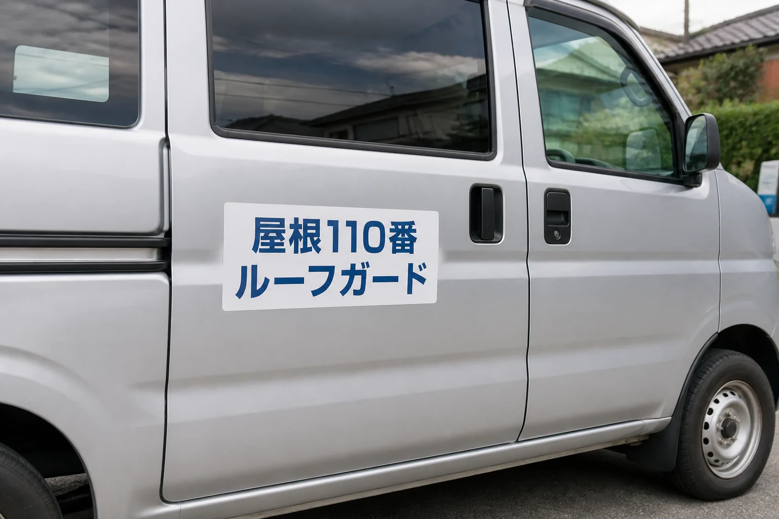 ルーフガードの作業車と看板