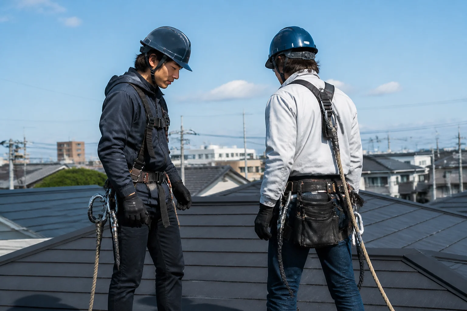屋根の上で作業する職人2名